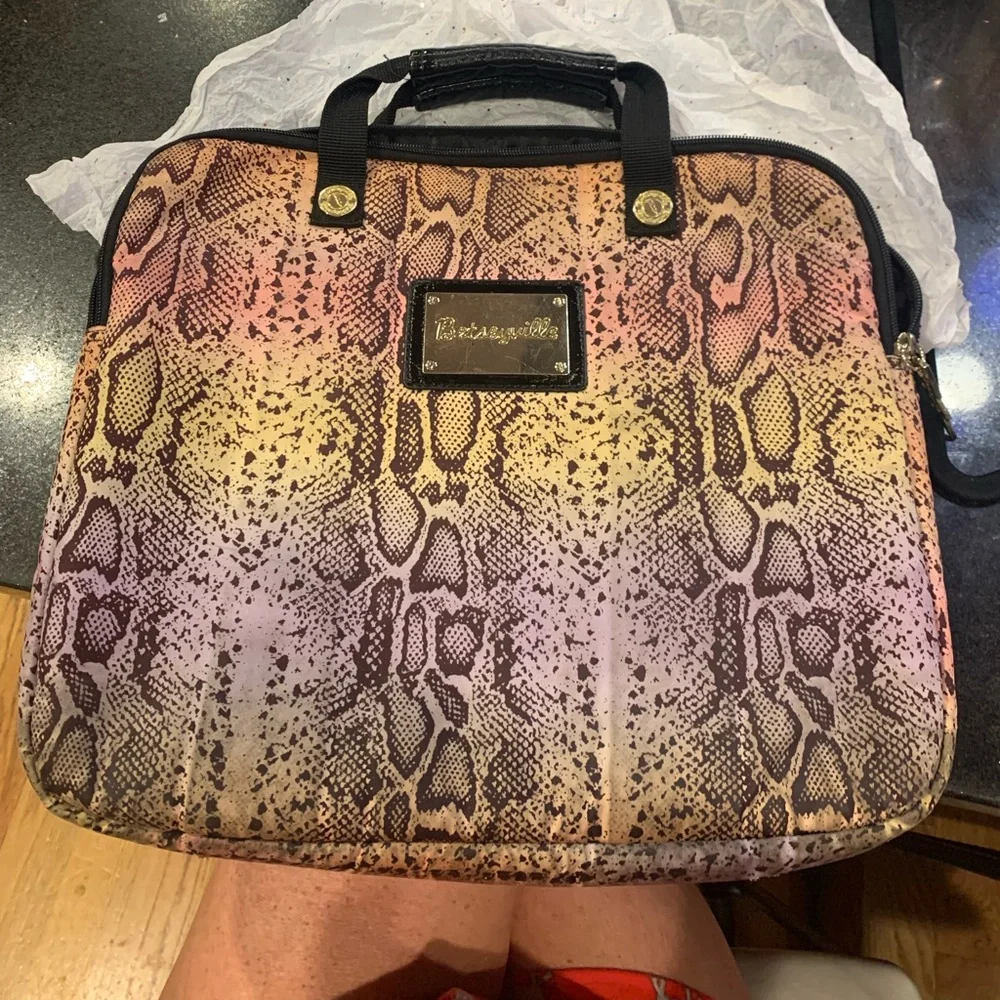Betsey Johnson Betseyville rainbow snakeskin hues computer bag.